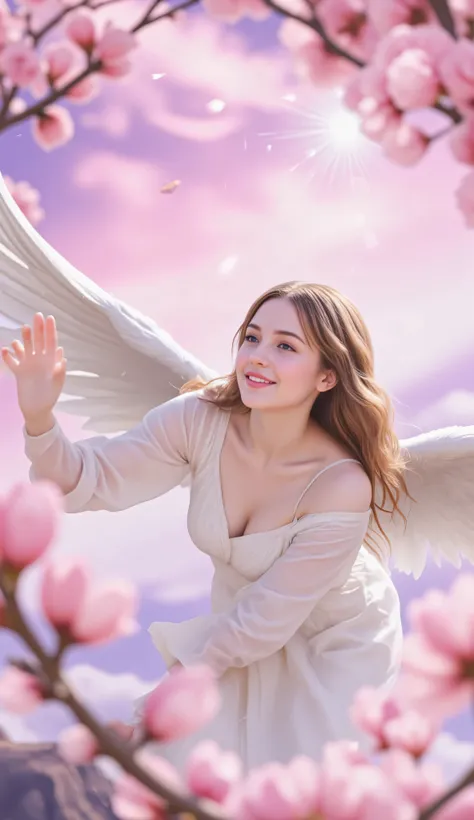 highdefinition images((Masterpiece ))、( Surrounded by cherry blossoms )an anthropomorphic cherry angel woman wearing a white lady's robe、staring at intricate details、is flying in the sky、Delicate Smile of Joy、The Sky Behind、pink、Beautiful feathers、Detaile...
