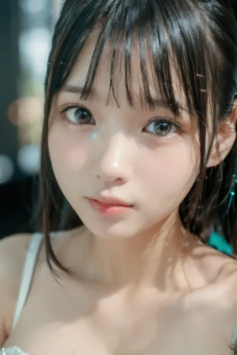 full body, portrait, portrait, , 8k,masterpiece, top quality, 、Long face、Big Eyes、 troubled face、 slim、in trouble、facing the front、flat body 、cute、、, 1 girl、looking at the camera、face to face、pure white hair、glowing skin、((( GLITTER SKIN )))、、((super reali...