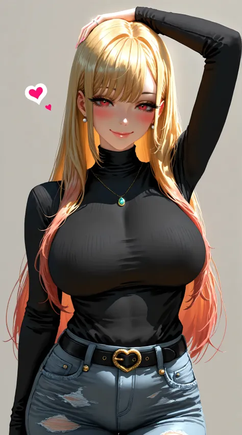 1girl, Marin Kitagawa,(mature female),motherly,mature face,solo, long hair, breasts, looking at viewer, blush,seductive smile, bangs, blonde hair, large breasts, simple background, shirt, red eyes, long sleeves, jewelry, closed mouth, heart, cowboy shot, e...
