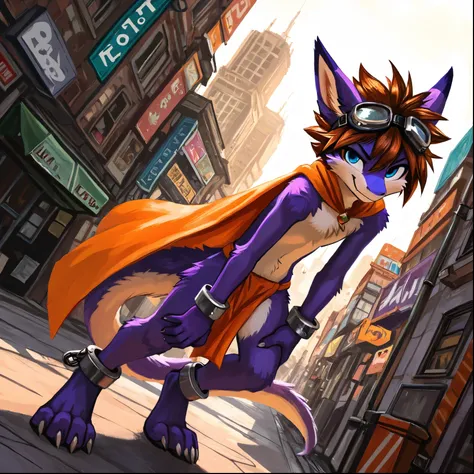 no lighting , deep shadow , dynamic angle , male , Furry , dragon, spiked brown hair only on head , blue eyes , goggles , orange loincloth , orange cape , masterpiece , detail body , purple fur all over body , detailed face , detailed eyes , detailed hands...