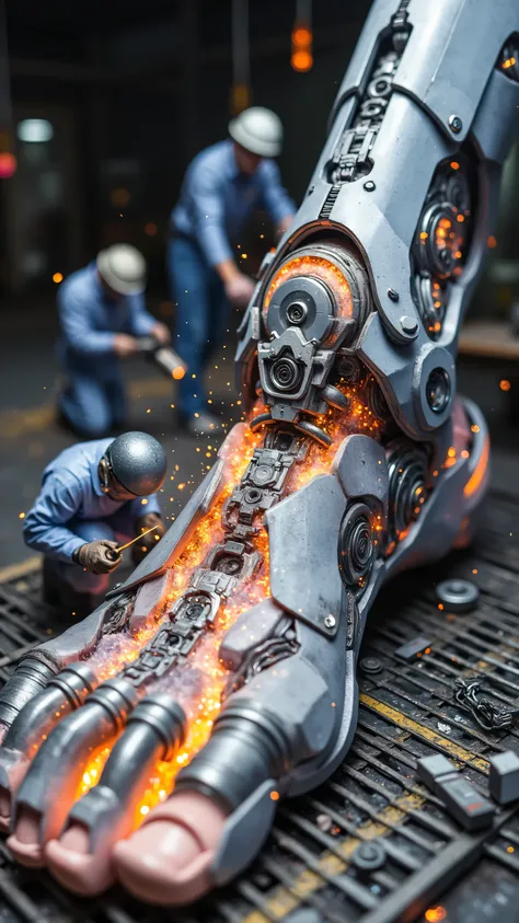 Miniature diorama, macro shot of a cybernetic prosthetic foot in a lab – titanium alloy exoskeleton gleaming with cold biometallic sheen, organic-neural fusion at ankle interface. Repair crews swarm the biomechanical structure: workers transporting hydraul...