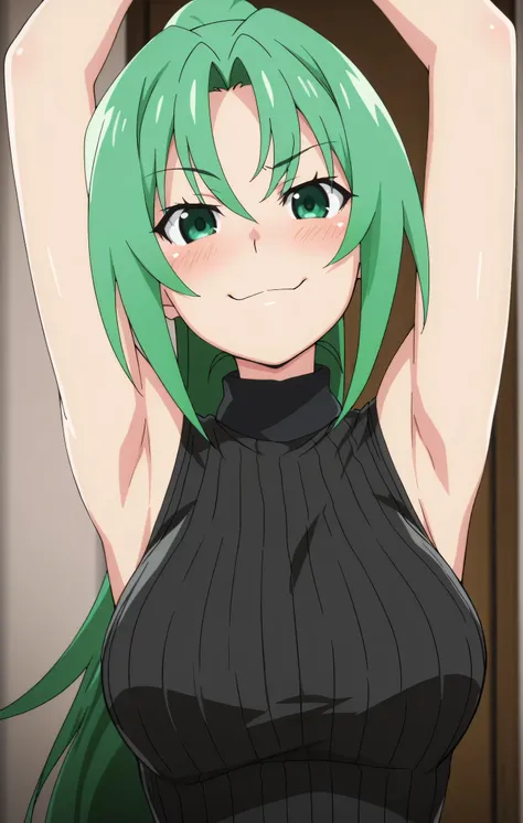 masterpiece, best quality, amazing quality, anime screencap, anime coloring, 1girl, solo, Mion Sonozaki (character), sonozaki mion, long hair, green hair, green eyes, ponytail, black sweater, sleeveless sweater, ribbed sweater, turtleneck, sleeveless, bare...