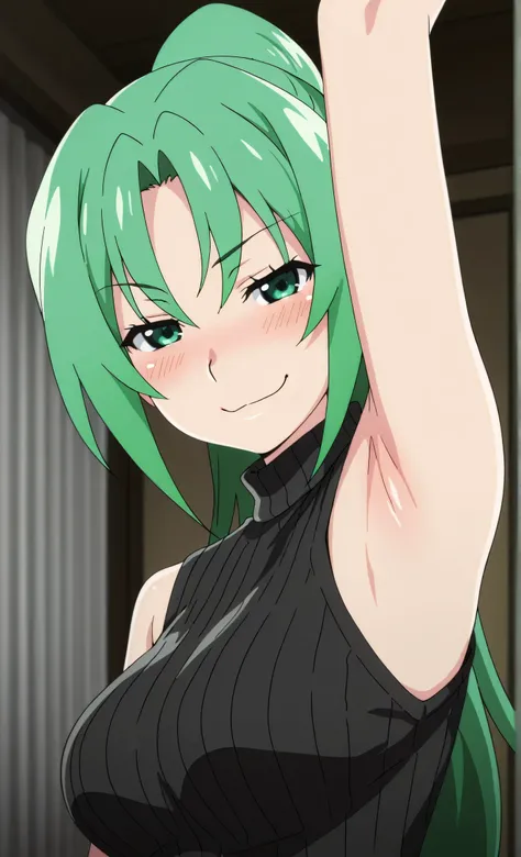 masterpiece, best quality, amazing quality, anime screencap, anime coloring, 1girl, solo, Mion Sonozaki (character), sonozaki mion, long hair, green hair, green eyes, ponytail, black sweater, sleeveless sweater, ribbed sweater, turtleneck, sleeveless, bare...
