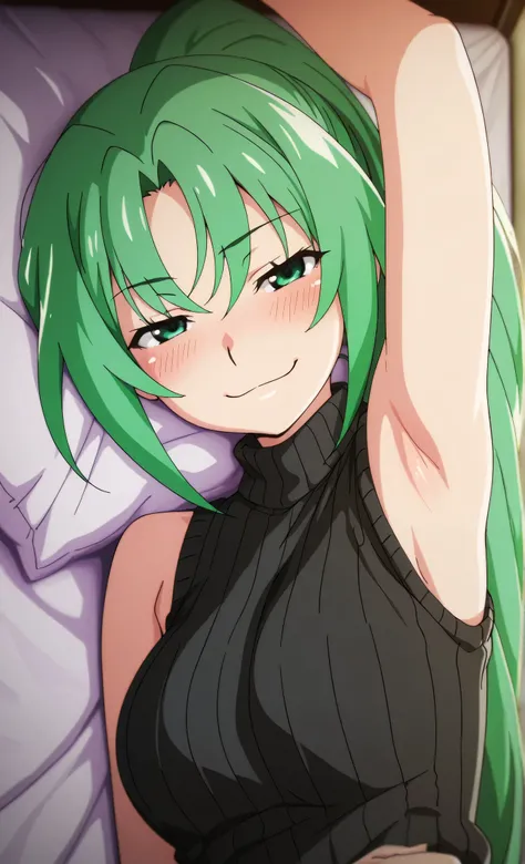 masterpiece, best quality, amazing quality, anime screencap, anime coloring, 1girl, solo, Mion Sonozaki (character), sonozaki mion, long hair, green hair, green eyes, ponytail, black sweater, sleeveless sweater, ribbed sweater, turtleneck, sleeveless, bare...