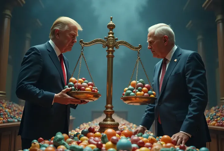 A hyper-realistic scene showing two world leaders—visibly representing different countries—engaged in a tense economic negotiation over a massive balancing scale. One side is weighed down by iphone and electronics, the other by agricultural goods,livelihoo...