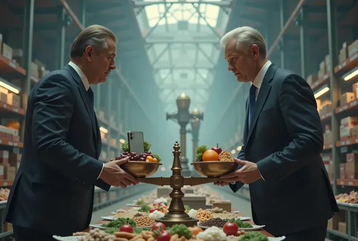 A hyper-realistic scene showing two world leaders—visibly representing different countries—engaged in a tense economic negotiation over a massive balancing scale. One side is weighed down by iphone and electronics, the other by agricultural goods,livelihoo...