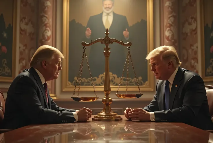 A hyper-realistic scene showing two world leaders—visibly representing different countries—engaged in a tense economic negotiation over a massive balancing scale.The lighting is dramatic, with sharp contrast and soft haze, symbolizing the delicate balance ...