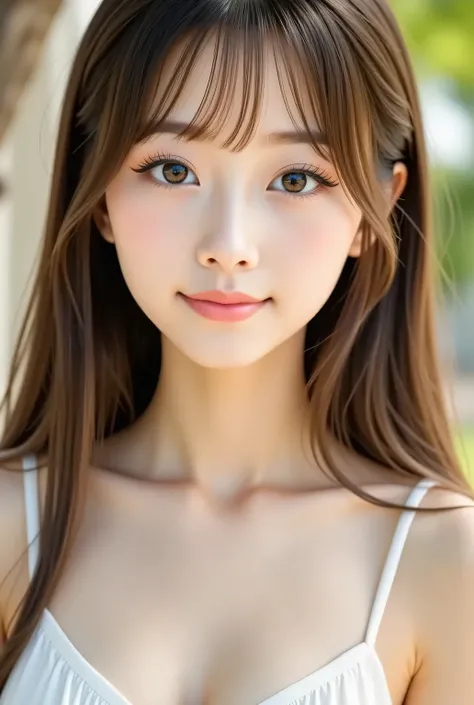 masterpiece , High Quality, SUPER DETAILS, Ultra HD, 8k，16k，32K, 最High Quality , Detailed Faces, Fine brown eyes，  beautiful god death face ，18 year old girl，cute face, bungs， thin lips，straight hair ，bungs ，Half Smile   , Outdoors，viewer
