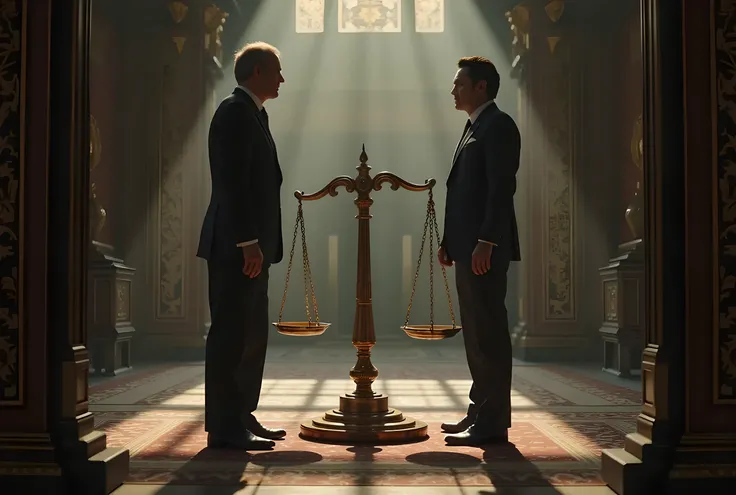A hyper-realistic scene showing two world leaders—visibly representing different countries, ONE ASIA one is white—engaged in a tense economic negotiation over a massive balancing scale.The lighting is dramatic, with sharp contrast and soft haze, symbolizin...