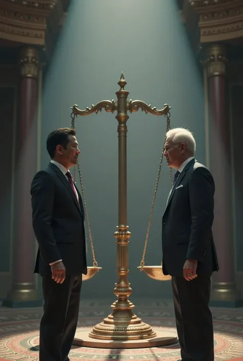 A hyper-realistic scene showing two world leaders—visibly representing different countries, ONE ASIA one is white—engaged in a tense economic negotiation over a massive balancing scale.The lighting is dramatic, with sharp contrast and soft haze, symbolizin...