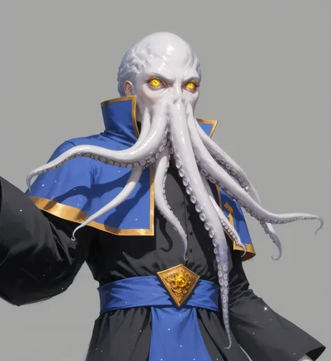 A Lovecraftian Cthulhu-style game character concept design of a humanoid octopus mage, (eldritch horror aesthetic:1.5), (cosmic horror elements:1.4), (pale white octopus head with writhing tentacles:1.5), (multiple facial tentacles with suction cups:1.4), ...