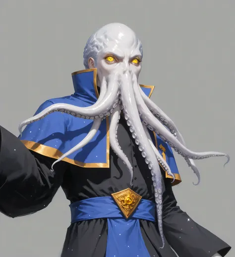 A Lovecraftian Cthulhu-style game character concept design of a humanoid octopus mage, (eldritch horror aesthetic:1.5), (cosmic horror elements:1.4), (pale white octopus head with writhing tentacles:1.5), (multiple facial tentacles with suction cups:1.4), ...