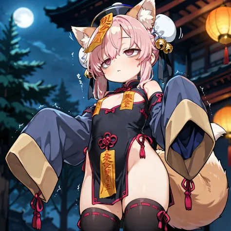 1girl, solo, solo female, (cute, young, little, tiny, immaturity:1.5), color skin, (expressionless:1.2), Come hither, parted lips, short body, fox ears, (half-closed eyes, bags under eyes:1.2), empty eyes, single hair bun, bun cover, hair bell, kanzashi, j...