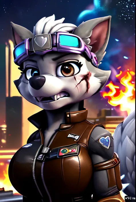 Gasket, ((Paw Patrol)), ((female solo)), domestic dog, female, adult female, brown eyes, (gray fur:1.65), ((gray body)), ((sharp teeths)), ((large fangs)), brown eyes, (Shiny eyes:1.6), ((Pixar eyes)), perfect eyes, ((glowing eyes)), (hyper realistic:1.65)...