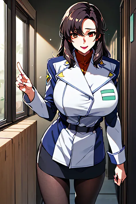 Please draw the particles in even more detail,Breasts hidden in a uniform,Bare legs,fishnet tights,faceの表情は作品に非常に重要なのでもっと繊細に描いて下さい,The skin on the jacket is hidden by the uniform,That's enough for me,Very important at work is in a dynamic pose, faceは作...