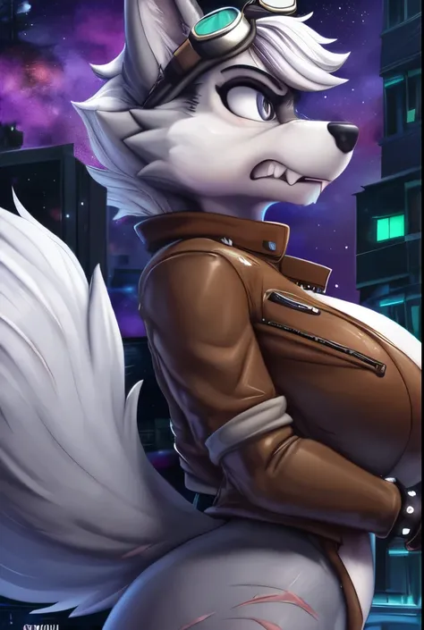 Gasket, ((Paw Patrol)), ((female solo)), domestic dog, female, adult female, brown eyes, (((gray fur)), ((gray body)), (wearing brown leather jacket:1.25), (wearing ripped black shirt:1.25) (wearing spike wristband:1.25), (large breasts:1.25), (huge breast...