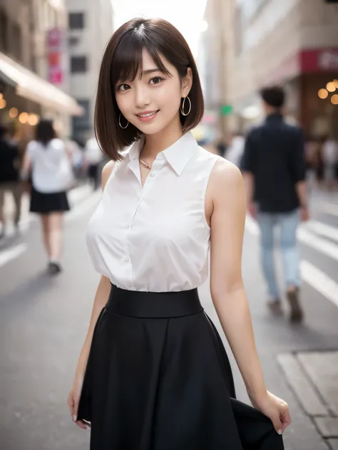 RAW Photos, highest quality, Realistic, Cute Japanese Girl, 女の子1 person, (とてもslim and slender fit muscular body:1.3), ((View Viewer)),(Big smile:1.3), (No people in the background:1.3), Beautiful earrings, Front shot, (Big eyes), (whole bodyショット), Small br...