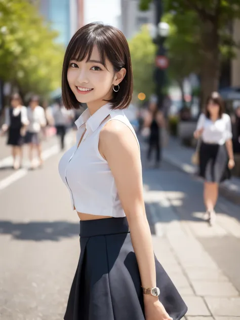 RAW Photos, highest quality, Realistic, Cute Japanese Girl, 女の子1 person, (とてもslim and slender fit muscular body:1.3), ((View Viewer)),(Big smile:1.3), (No people in the background:1.3), Beautiful earrings, Front shot, (Big eyes), (whole bodyショット), Small br...