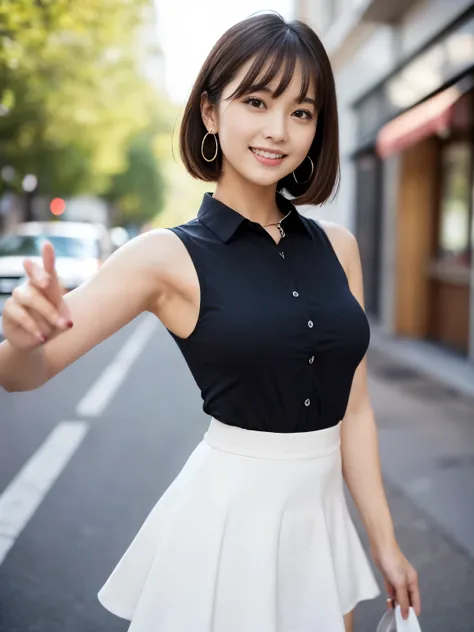 RAW Photos, highest quality, Realistic, Cute Japanese Girl, 女の子1 person, (とてもslim and slender fit muscular body:1.3), ((View Viewer)),(Big smile:1.3), (No people in the background:1.3), Beautiful earrings, Front shot, (Big eyes), (whole bodyショット), Small br...