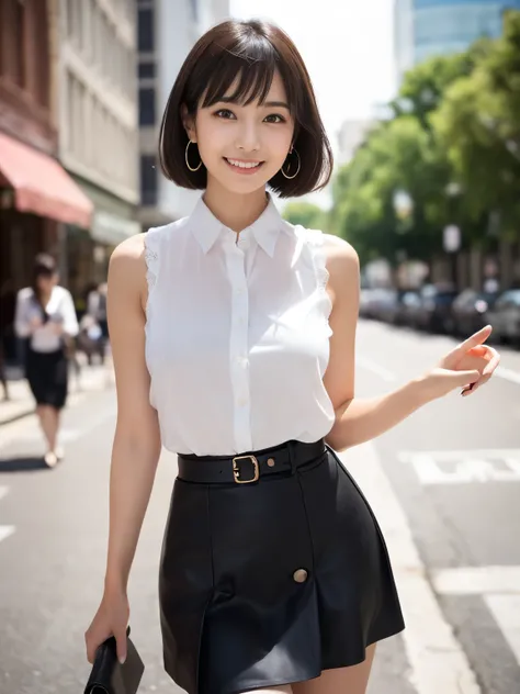 RAW Photos, highest quality, Realistic, Cute Japanese Girl, 女の子1 person, (とてもslim and slender fit muscular body:1.3), ((View Viewer)),(Big smile:1.3), (No people in the background:1.3), Beautiful earrings, Front shot, (Big eyes), (whole bodyショット), Small br...