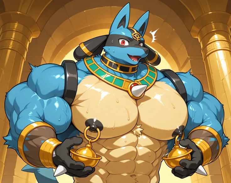 detailed background, low view, egypt, close up, solo, alone score_9_up,score_8_up,score_7_up,score_6_up,score_5_up,score_4_up, BREAK kemono, bara, furry, 1boy, anthro, LucarioRS, pokemon (creature), lucario, Blue Fur, Chest Spike, Red Eyes, yellow chest fu...