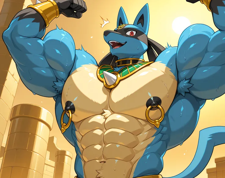 detailed background, low view, egypt, close up, solo, alone score_9_up,score_8_up,score_7_up,score_6_up,score_5_up,score_4_up, BREAK kemono, bara, furry, 1boy, anthro, LucarioRS, pokemon (creature), lucario, Blue Fur, Chest Spike, Red Eyes, yellow chest fu...