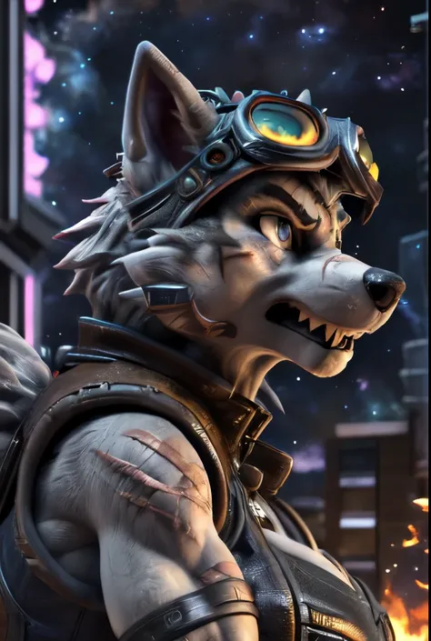 Gasket, ((Paw Patrol)), ((female solo)), domestic dog, female, adult female, brown eyes, (((gray fur)), ((gray body)), (wearing brown leather vest:1.25), (wearing ripped black shirt:1.25) (wearing spike wristband:1.25), (large breasts:1.25), (huge breasts:...