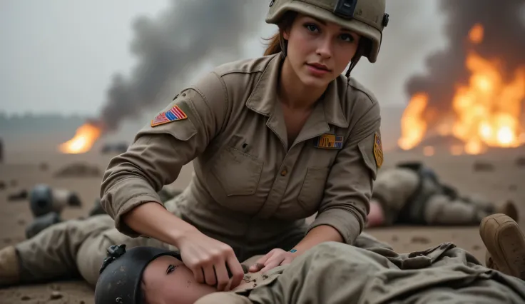 A young female U.S. Army combat medic in full military uniform is in the middle of a chaotic battlefield in Afghanistan. She is crouched beside a wounded soldier, administering aid while explosions and fire erupt in the background. Her face is focused and ...