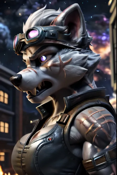 Gasket, ((Paw Patrol)), ((female solo)), domestic dog, female, adult female, brown eyes, (((gray fur)), ((gray body)), (wearing brown leather vest:1.25), (wearing ripped black shirt:1.25) (wearing spike wristband:1.25), (large breasts:1.25), (huge breasts:...