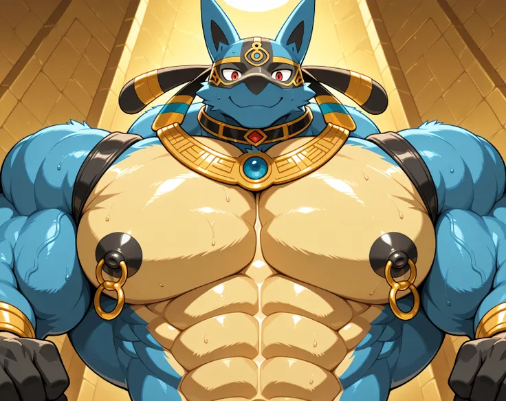 detailed background, low view, front view, egypt, close up, solo, alone score_9_up,score_8_up,score_7_up,score_6_up,score_5_up,score_4_up, BREAK kemono, bara, furry, 1boy, anthro, LucarioRS, pokemon (creature), lucario, Blue Fur, Chest Spike, Red Eyes, yel...
