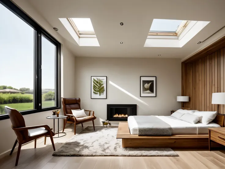 Design a modern and stylish loft bedroom with a minimalist aesthetic. The room features a lower sleeping area with a bed and a sitting area with two leather butterfly chairs and a small coffee table. A staircase leads to an upper loft area with another bed...