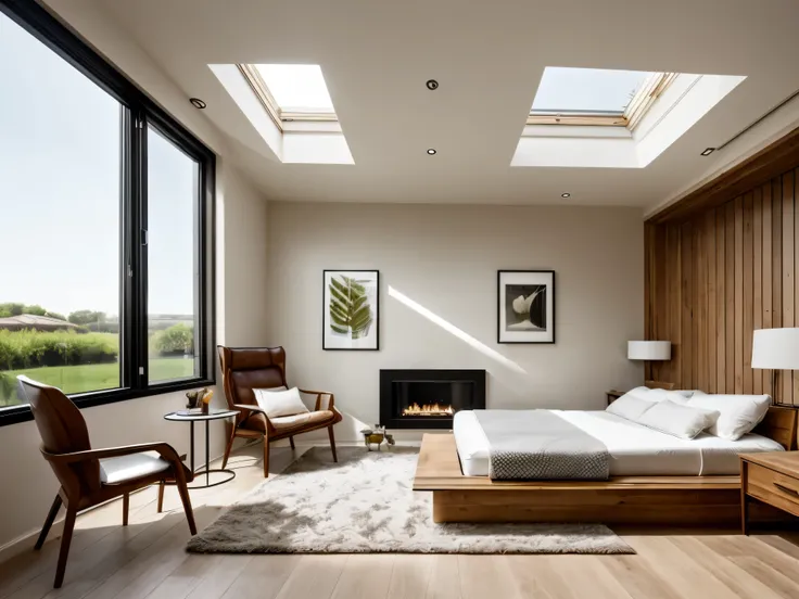 Design a modern and stylish loft bedroom with a minimalist aesthetic. The room features a lower sleeping area with a bed and a sitting area with two leather butterfly chairs and a small coffee table. A staircase leads to an upper loft area with another bed...