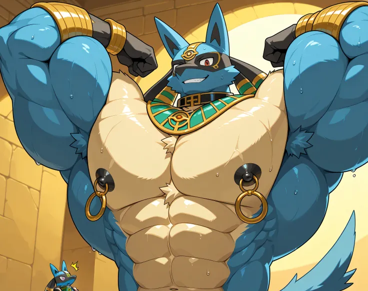 detailed background, low view, front view, egypt, close up, solo, alone score_9_up,score_8_up,score_7_up,score_6_up,score_5_up,score_4_up, BREAK kemono, bara, furry, 1boy, anthro, LucarioRS, pokemon (creature), lucario, Blue Fur, Chest Spike, Red Eyes, yel...