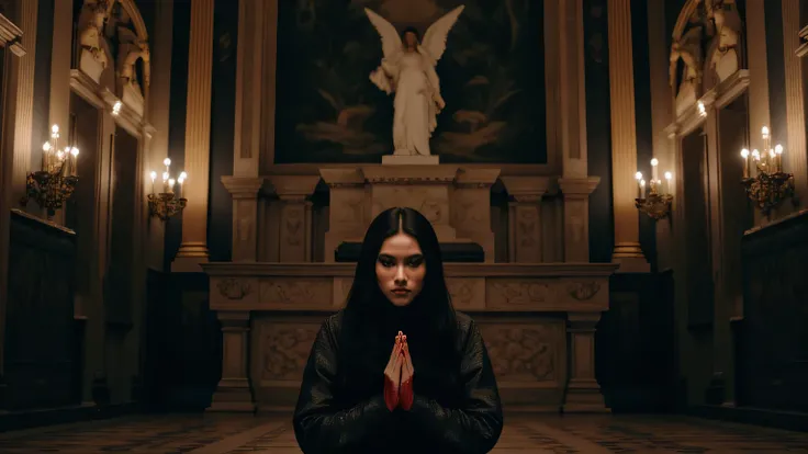 Visual:
The camera from above highlights downwards to the female protagonist who is kneeling on the altar of the castle with two palms clasped praying and her face staring up at the camera and her hands are covered with a red liquid, The backdrop is a magn...