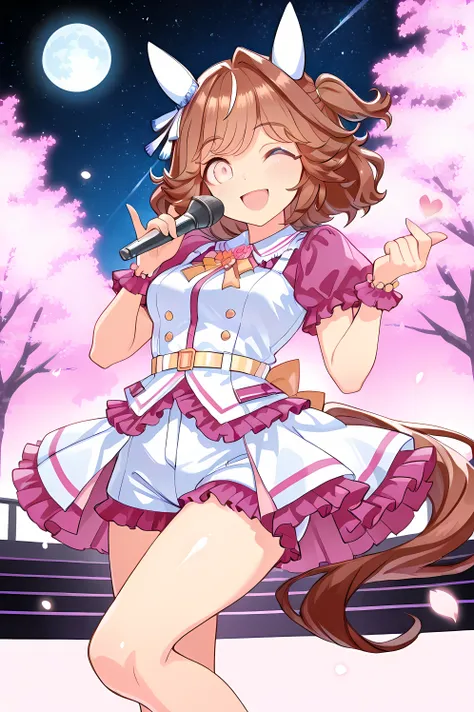 haiseiko \(umamusume\),(((masterpiece))),(((detailed)))((best quality)),((hyper detailed)),(beautiful),((shinythighs)),(((shiny skin))),(high quality skin),((8k)),((high resolution)),twinkle smile and light blush,wink,floating hair,dynamic motion,holding m...