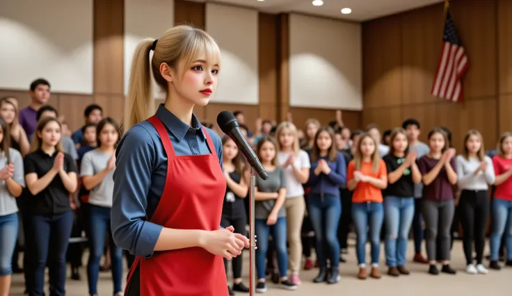 A young female waitress with a visible facial scar stands confidently on stage in a high school auditorium, wearing a red apron over a blue uniform shirt. She is speaking into a microphone at a Veterans Day assembly. Her expression is strong but emotional—...