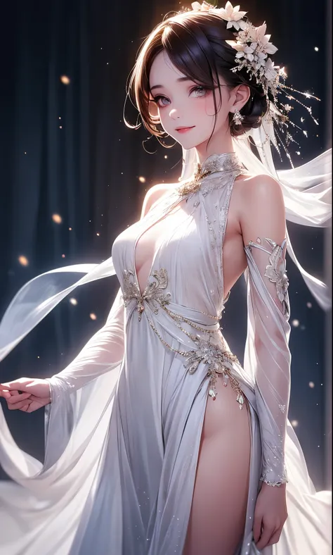 (masterpiece),(4K),High Quality,(small breasts),1 girl, Long Silver Hair ,pale skin,smile, beautifully detailed grey eyes, ( high-definition and elegant ),( white cape let fashion), magical colors and vibes, detailed skin from sleeve to chest,(Cute sparkle...