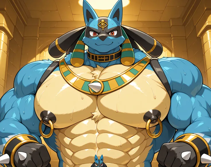 detailed background, low view, egypt, close up, solo, alone score_9_up,score_8_up,score_7_up,score_6_up,score_5_up,score_4_up, BREAK kemono, bara, furry, 1boy, anthro, LucarioRS, pokemon (creature), lucario, Blue Fur, Chest Spike, Red Eyes, yellow chest fu...