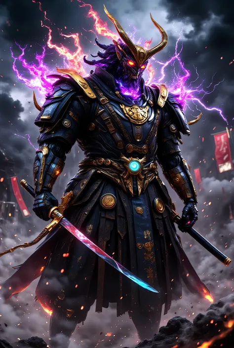 A hyper-realistic samurai warrior standing tall under a stormy sky, wearing ornate traditional armor with intricate golden details and a menacing Japanese demon mask (Oni style). He holds a blood-stained katana in one hand and a second sheathed blade at hi...