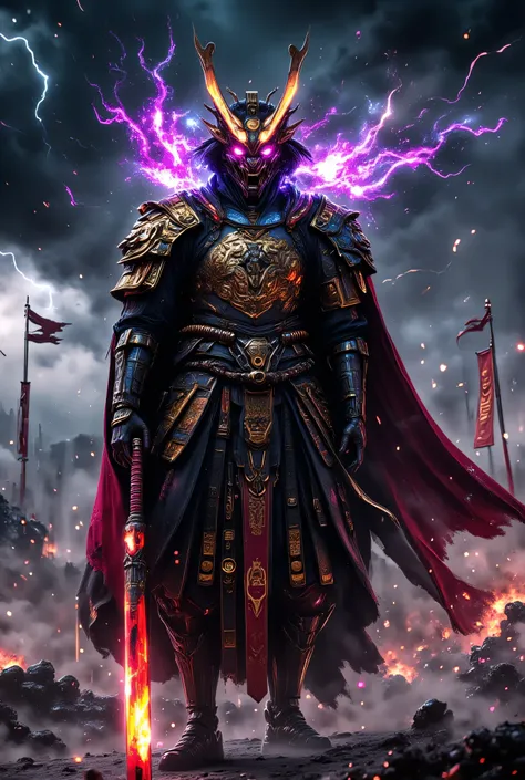 A hyper-realistic samurai warrior standing tall under a stormy sky, wearing ornate traditional armor with intricate golden details and a menacing Japanese demon mask (Oni style). He holds a blood-stained katana in one hand and a second sheathed blade at hi...