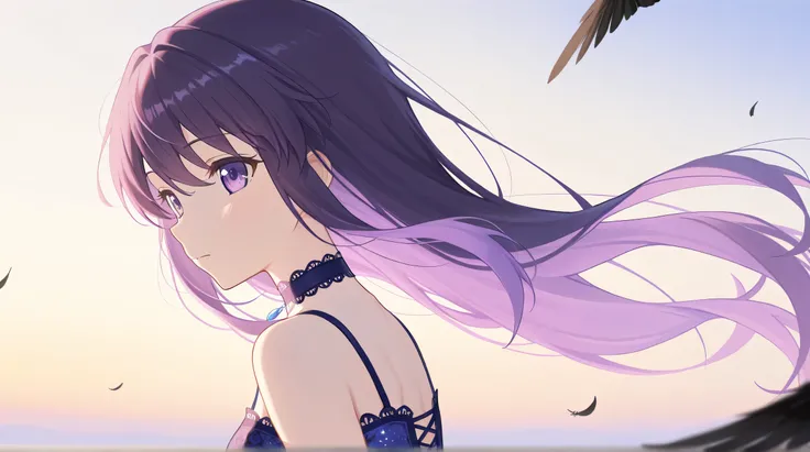 Masterpiece, Best Quality, Top Quality, Very Detailed, 1 girl, A young, light-skinned anime girl, positioned slightly off-center to the left of the image, gazes downwards with a melancholic expression. Her long, vibrant purple hair cascades down her should...