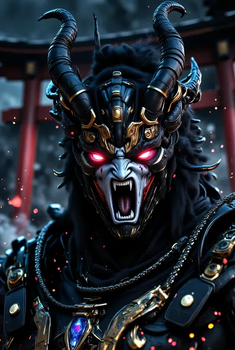 Close-up portrait of a Japanese god with a demonic face, highly realistic and hyper-detailed. The god has sharp, menacing features, glowing red eyes, horned head, and intricate traditional Japanese armor. His skin has a cracked, stone-like texture with hin...