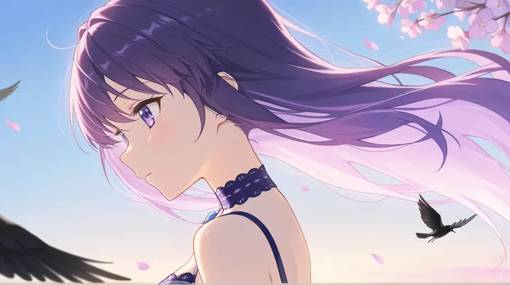 Masterpiece, Best Quality, Top Quality, Very Detailed, 1 girl, A young, light-skinned anime girl, positioned slightly off-center to the left of the image, gazes downwards with a melancholic expression. Her long, vibrant purple hair cascades down her should...