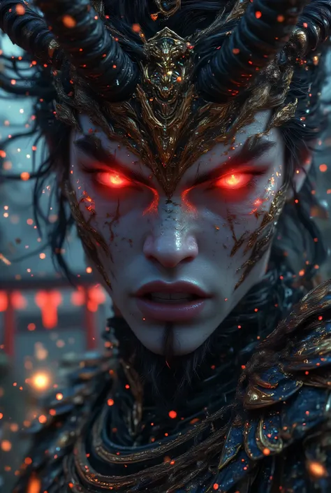 Close-up portrait of a Japanese god with a demonic face, highly realistic and hyper-detailed. The god has sharp, menacing features, glowing red eyes, horned head, and intricate traditional Japanese armor. His skin has a cracked, stone-like texture with hin...