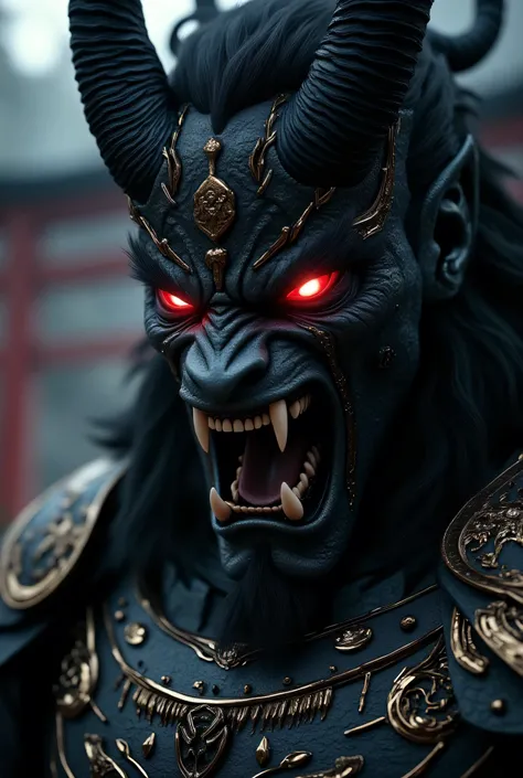 Close-up portrait of a Japanese god with a demonic face, highly realistic and hyper-detailed. The god has sharp, menacing features, glowing red eyes, horned head, and intricate traditional Japanese armor. His skin has a cracked, stone-like texture with hin...