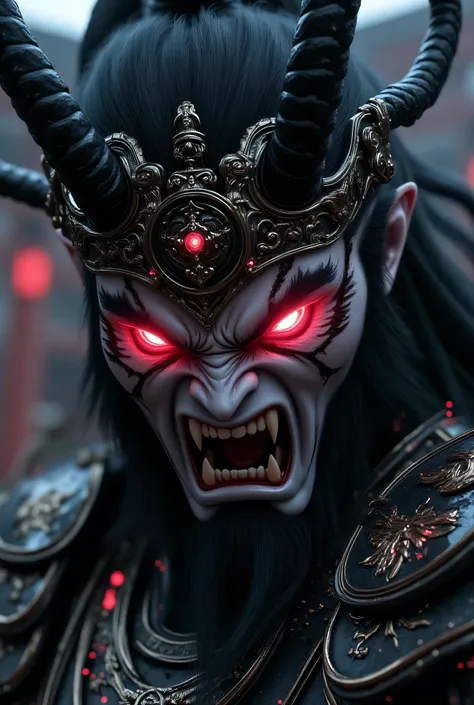 Close-up portrait of a Japanese god with a demonic face, highly realistic and hyper-detailed. The god has sharp, menacing features, glowing red eyes, horned head, and intricate traditional Japanese armor. His skin has a cracked, stone-like texture with hin...