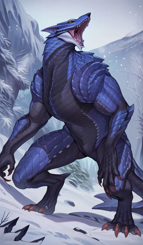score_9,score_8_up,score_7_up,score_6_up,source_furry,depth of field,mhlunga,solo,feral,detailed background,yellow eyes,black sclera,forest,snow,red claws,open mouth,slit pupils,dutch angle,head turned,looking at viewer,