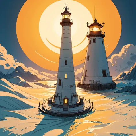 cartoon drawing of a lighthouse with a bright yellow sun on the back side, logo without text, tower, cartoonish and simplistic, colored illustration, illustrated logo, cartoon image, logo art, best logo, HD