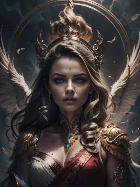 bust-up shot, divine female warrior goddess inspired by Roman mythology, powerful expression, wearing ornate celestial armor with golden engravings, glowing red cape draped over her shoulder, radiant Roman helmet with halo-like crest, glowing eyes, magical...