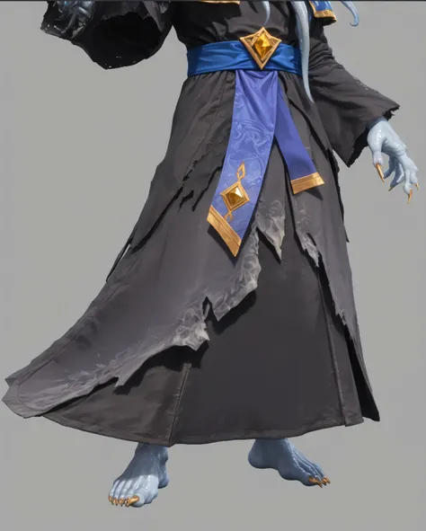 A detailed 3D rendered lower body view of a Cthulhu-inspired mage character, (UE5 rendering:1.4), (severely worn and tattered dark gray robes:1.5), (frayed fabric edges with visible threads:1.4), (multiple tears and holes in fabric:1.3), (weathered and age...